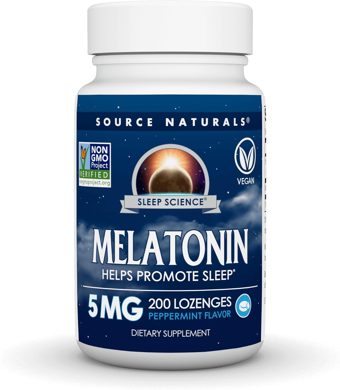 Source Naturals Sleep Science Melatonin, 5 mg - 200 Vegan Lozenges | Helps Promote Sleep | Non-GMO Project Verified | Peppermint Flavored* packaging