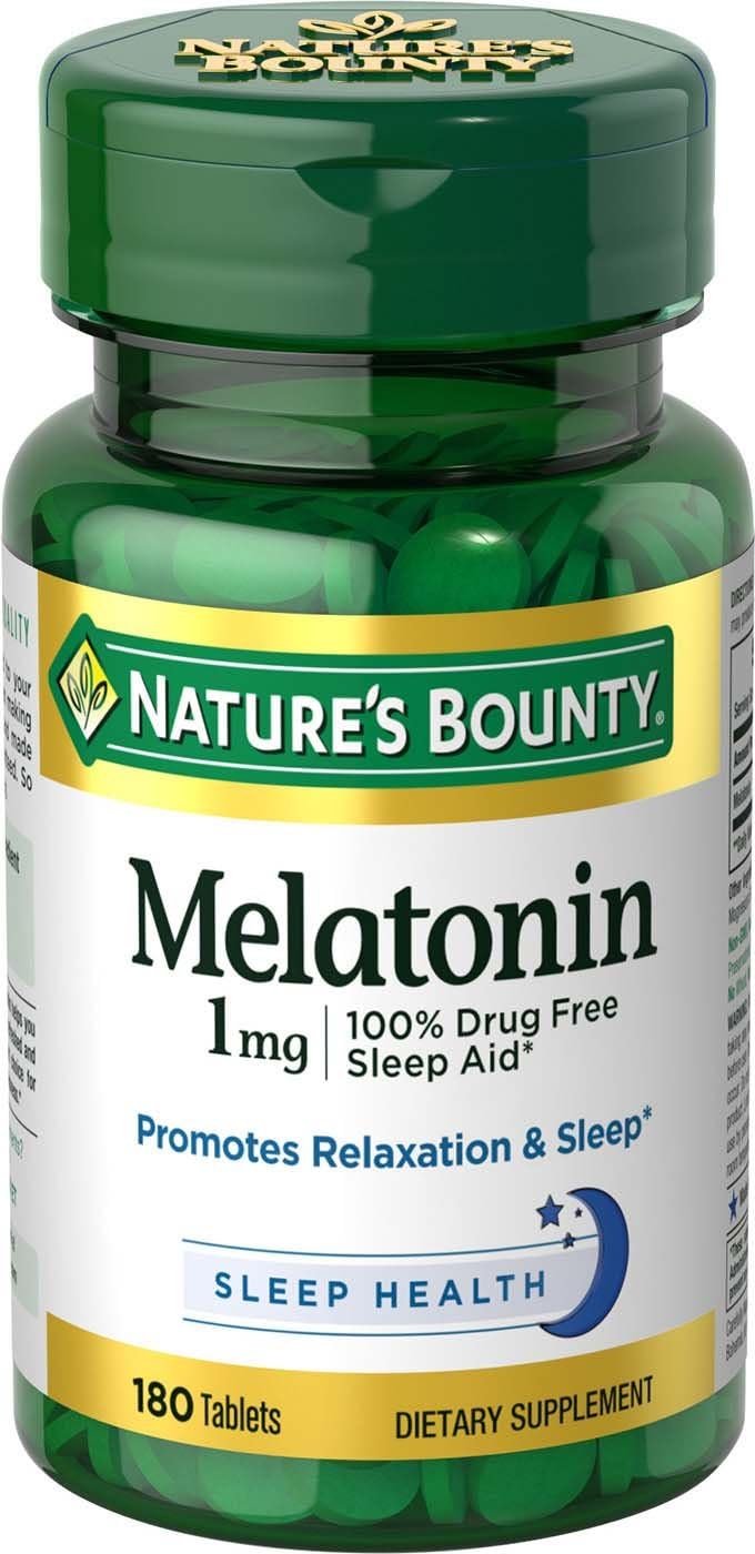 Nature's Bounty Melatonin, 100% Drug Free Sleep Aid, Promotes Relaxation and Sleep Health, 1mg, 180 Tablets packaging