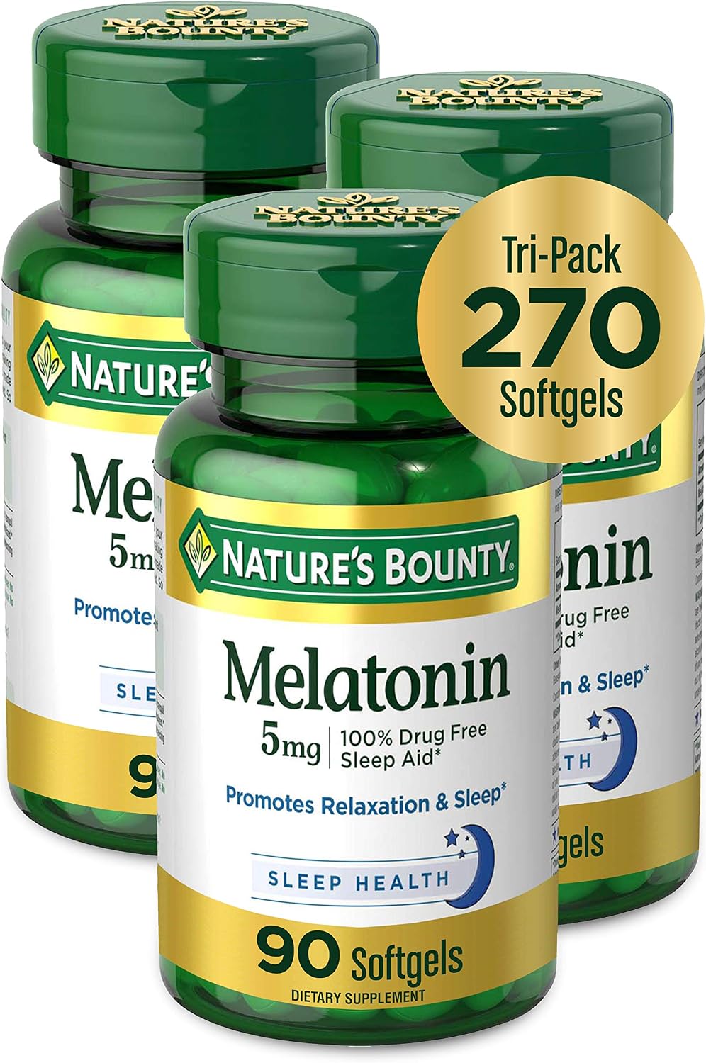 Nature's Bounty Melatonin 100% Drug Free Sleep Aid, Dietary Supplement, Promotes Relaxation and Sleep Health, 5 mg, 90 Count, Pack of 3 packaging
