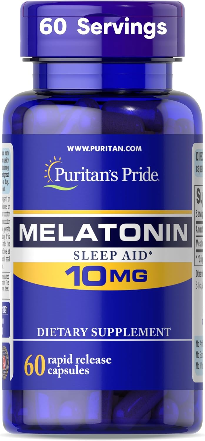 Puritan's Pride Premium Super Strength Melatonin 10mg Sleep Aid, Dietary Supplement for Sound, Restful, and Longer Sleep Support, 2 Month Supply, 60 Rapid Release Capsules packaging