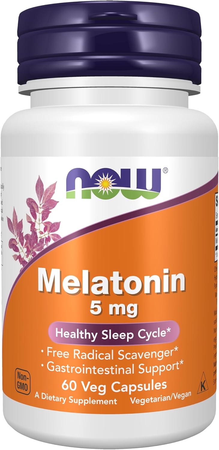 NOW Supplements, Melatonin 5 mg, Healthy Sleep Cycle*, 60 Veg Caps packaging