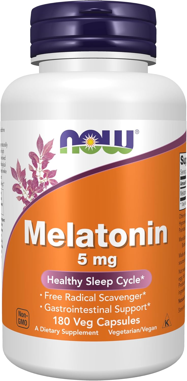 NOW Supplements, Melatonin 5 mg, Healthy Sleep Cycle*, 180 Veg Caps packaging