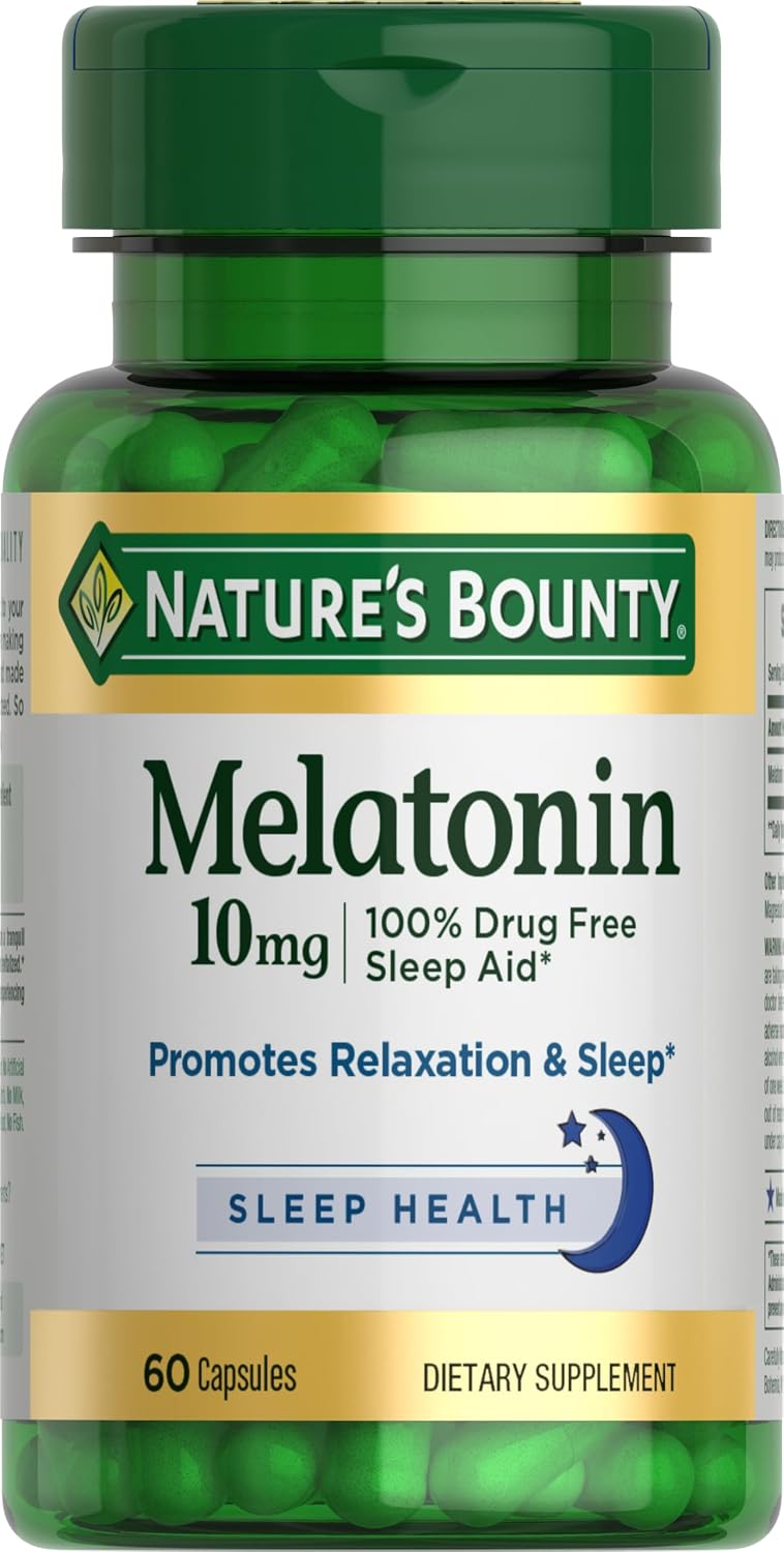 Nature's Bounty Melatonin 10mg, 100% Drug-Free Sleep Aid, 60 Count | Dietary Supplement, 10mg, 60 Count packaging