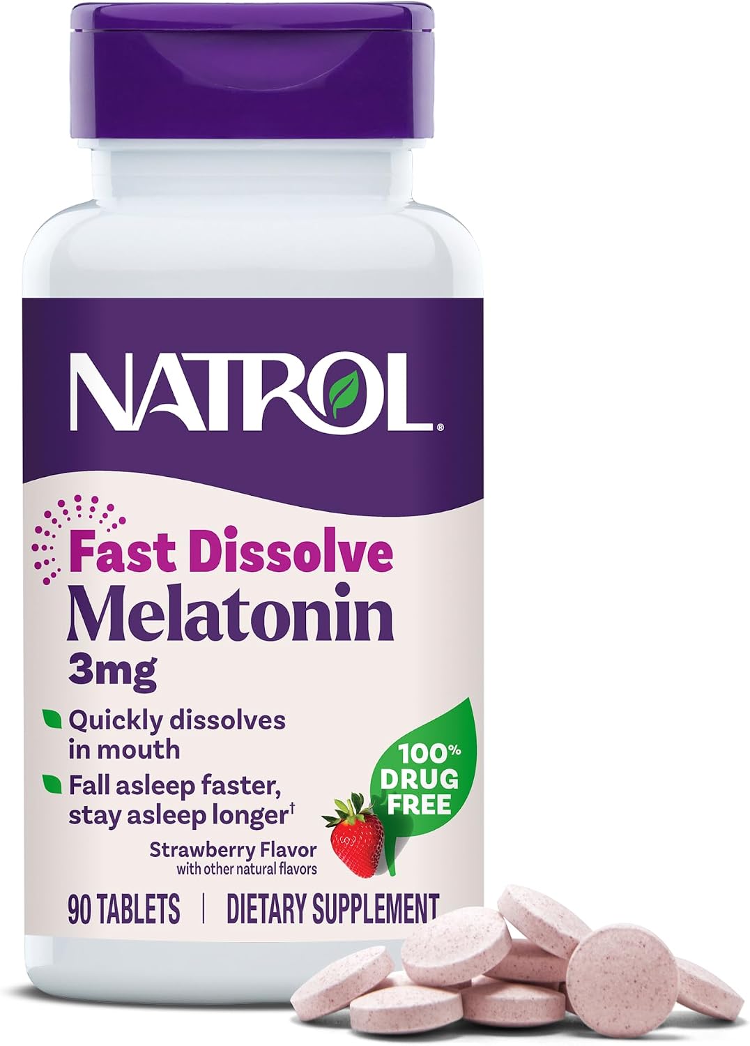 Natrol Melatonin 3 mg Fast Dissolve Tablets, Strawberry, 90 Count packaging