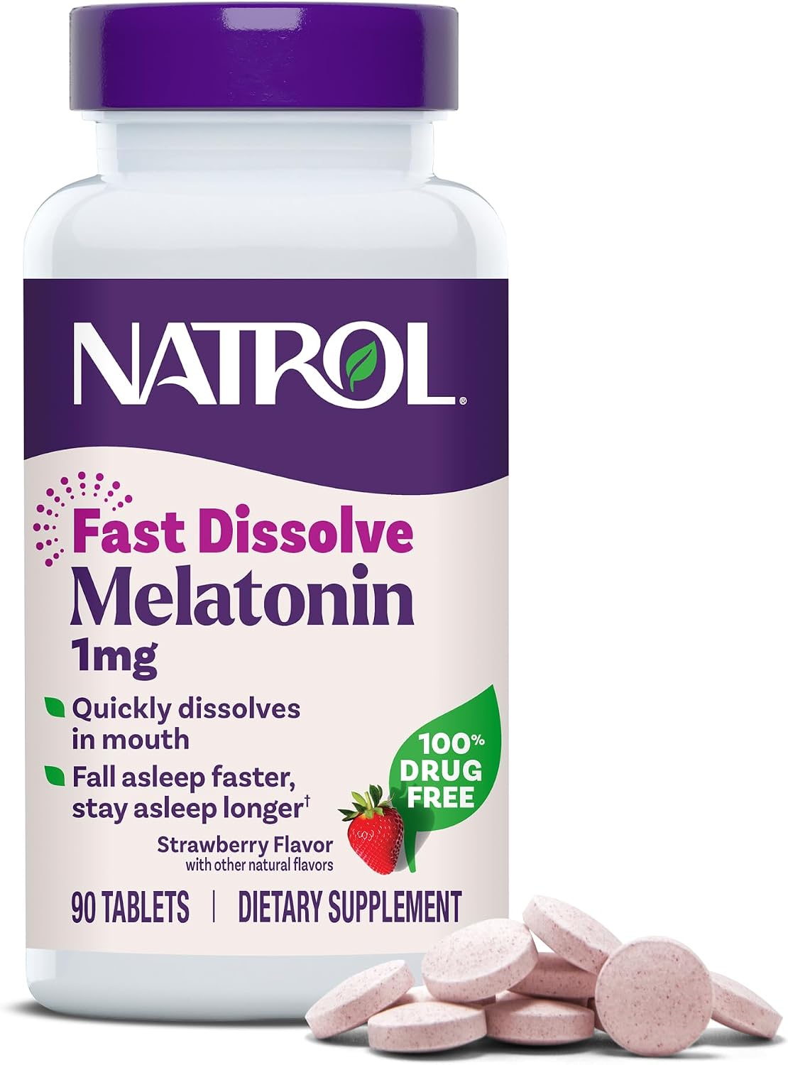 Natrol Melatonin 1 mg Fast Dissolve Tablets, Strawberry, 90 Count packaging
