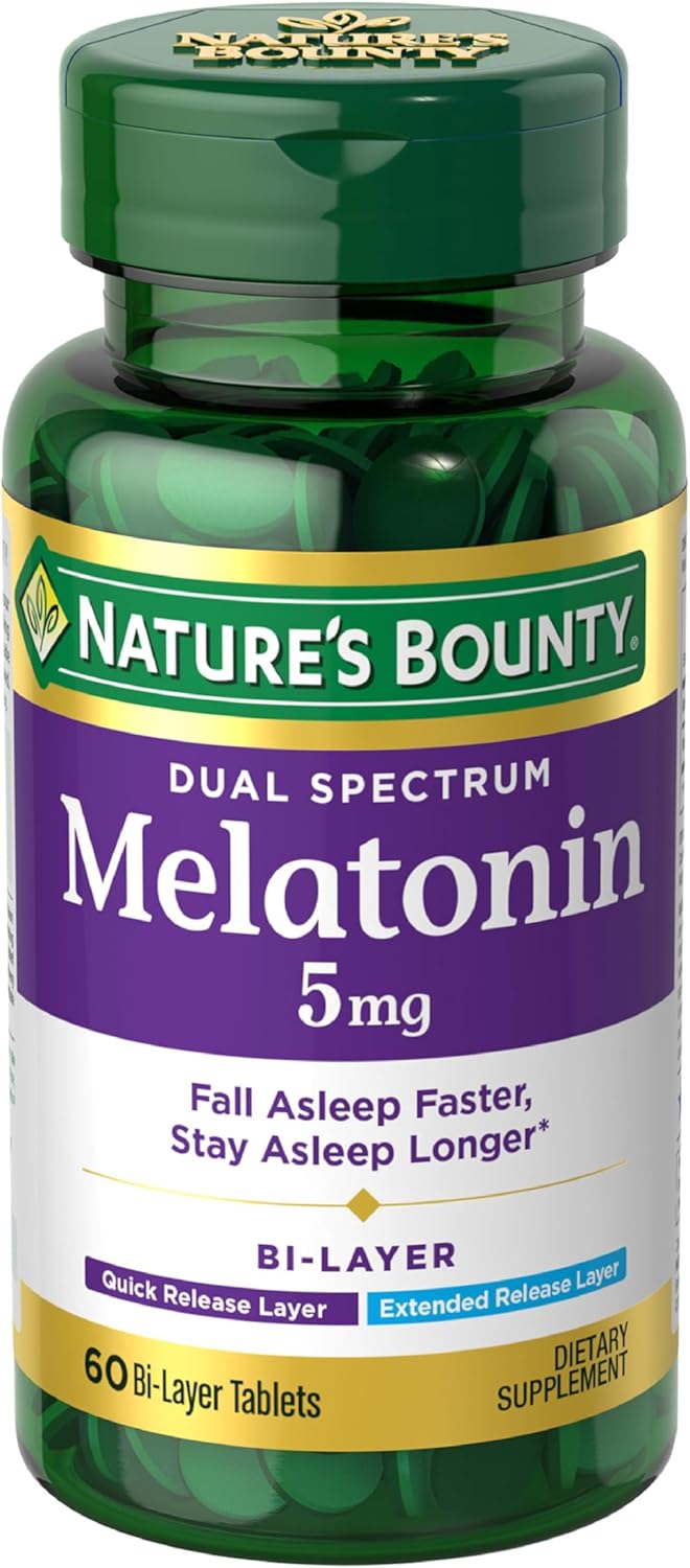 Nature's Bounty Melatonin 5mg Dual Spectrum, 60 Bi-Layer Tablets packaging