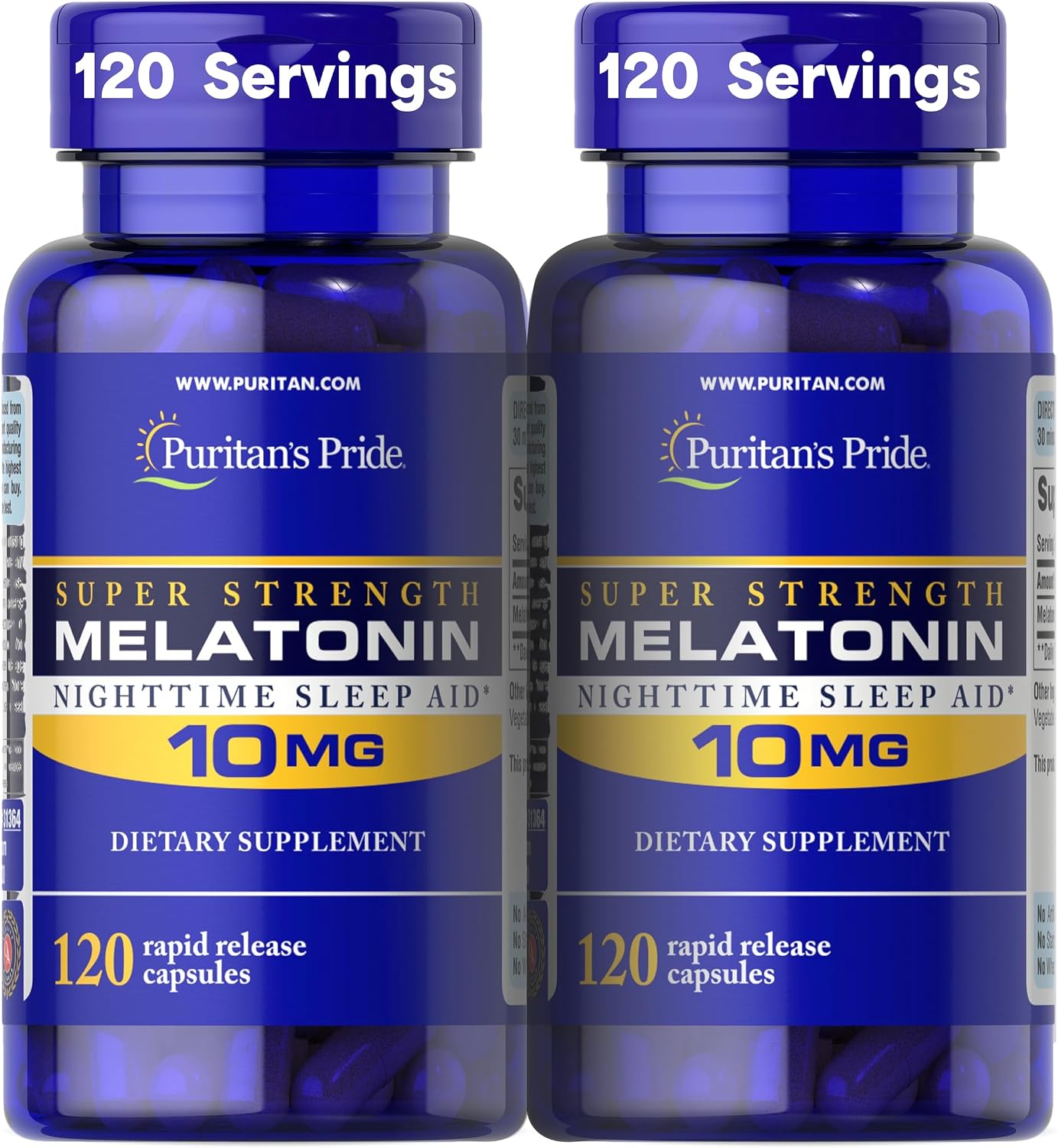 Puritan's Pride Premium Super Strength Melatonin 10mg Sleep Aid, Dietary Supplement for Sound, Restful, & Longer Sleep Support, 4 Month Supply, 120 Rapid Release Capsules, 2 Pack (Packaging May Vary) packaging
