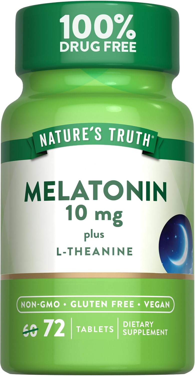 Nature's Truth Melatonin 10 mg + L-Theanine | 72 Tablets | Maximum Strength packaging