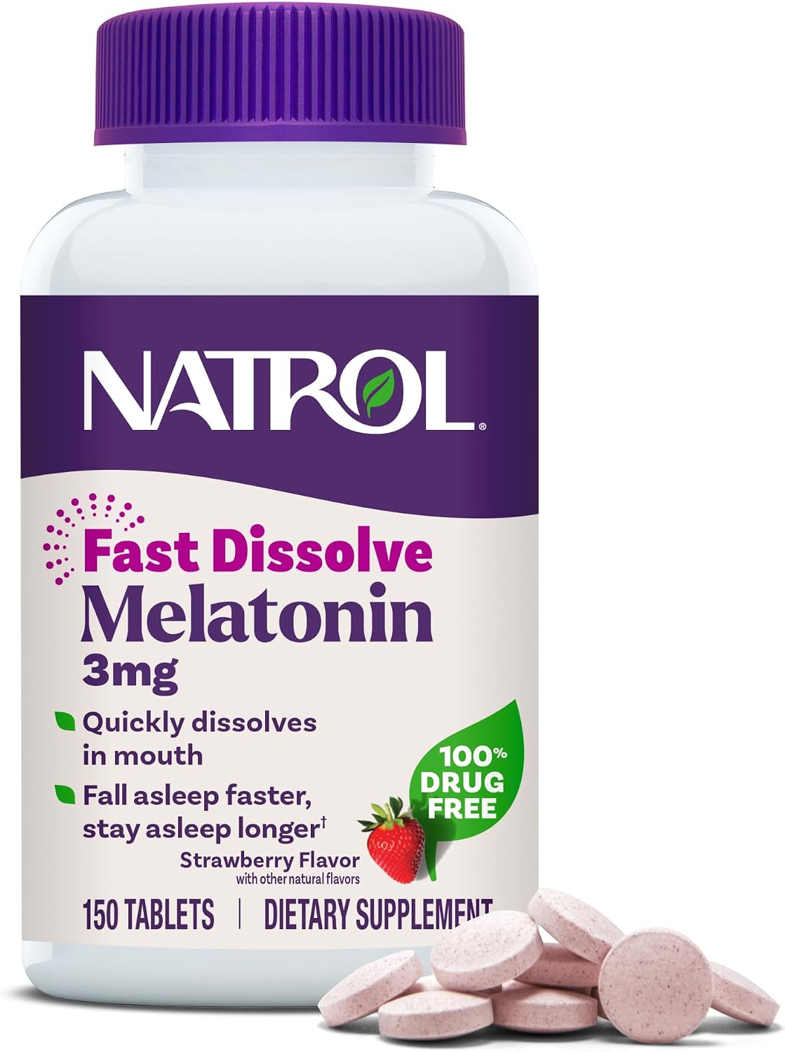Natrol Melatonin 3 mg Fast Dissolve Tablets, Strawberry, 150 Count packaging