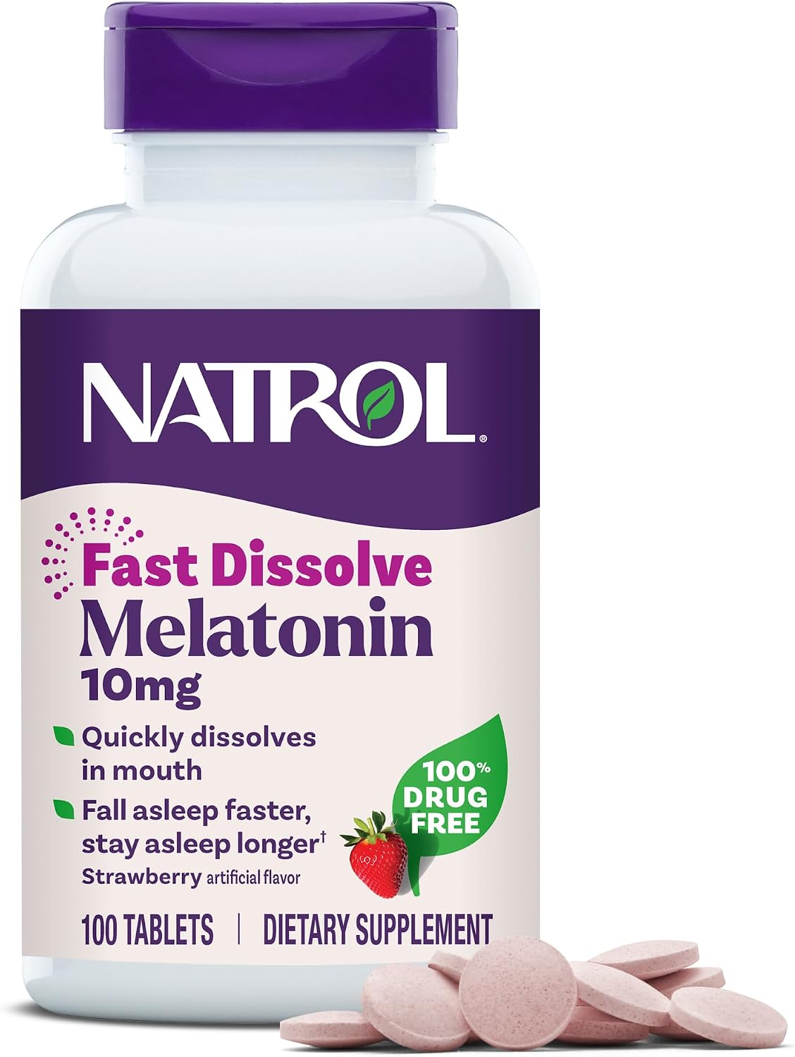 Natrol Melatonin 10 mg Fast Dissolve Tablets, Strawberry, 100 Count packaging