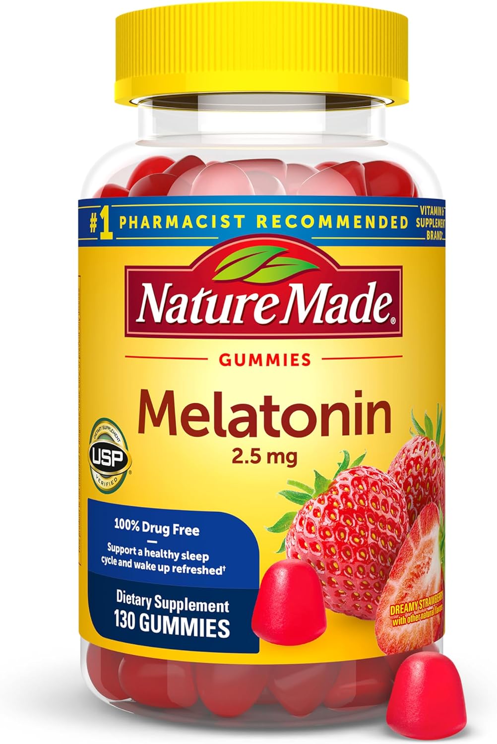 Nature Made Melatonin Gummies 2.5 mg, 100% Drug Free Sleep Aid, 130 Count packaging