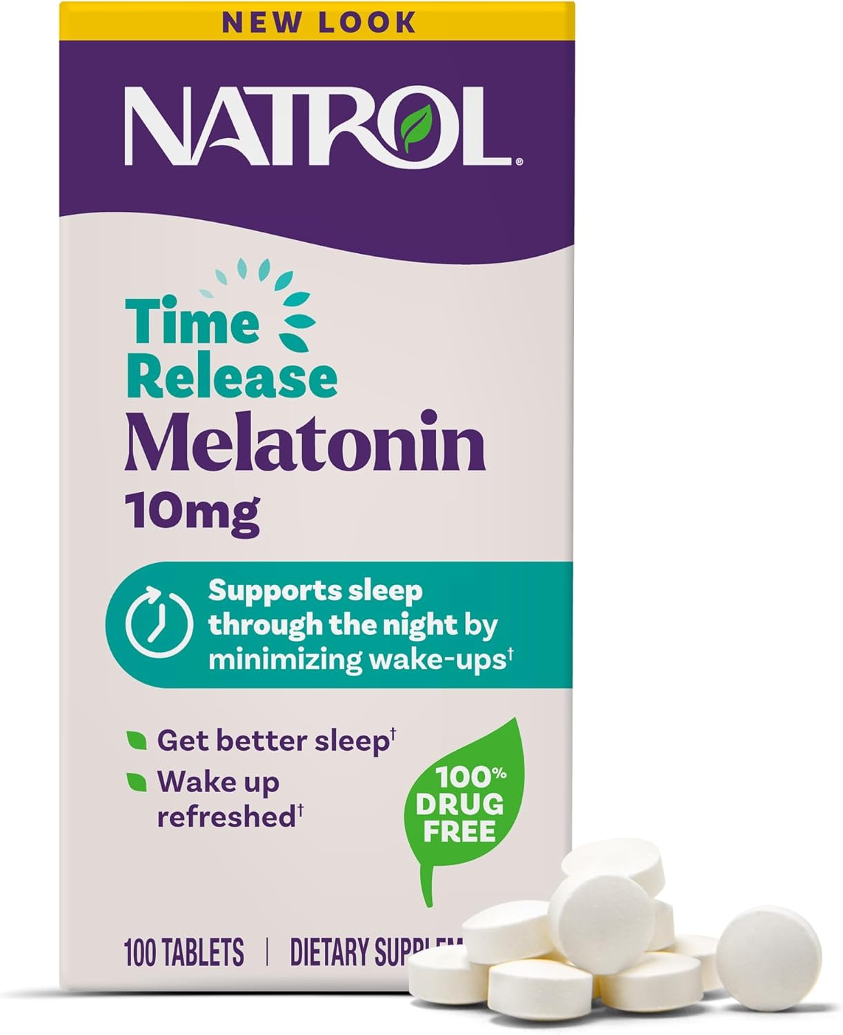 Natrol Melatonin 10 mg Time Release, Nighttime Sleep Aid, 100 Tablets | Dietary Supplement to Minimize Wake Ups, 100% Drug-Free, Non-Habit Forming, For Occasional Sleeplessness, 100 Day Supply packaging