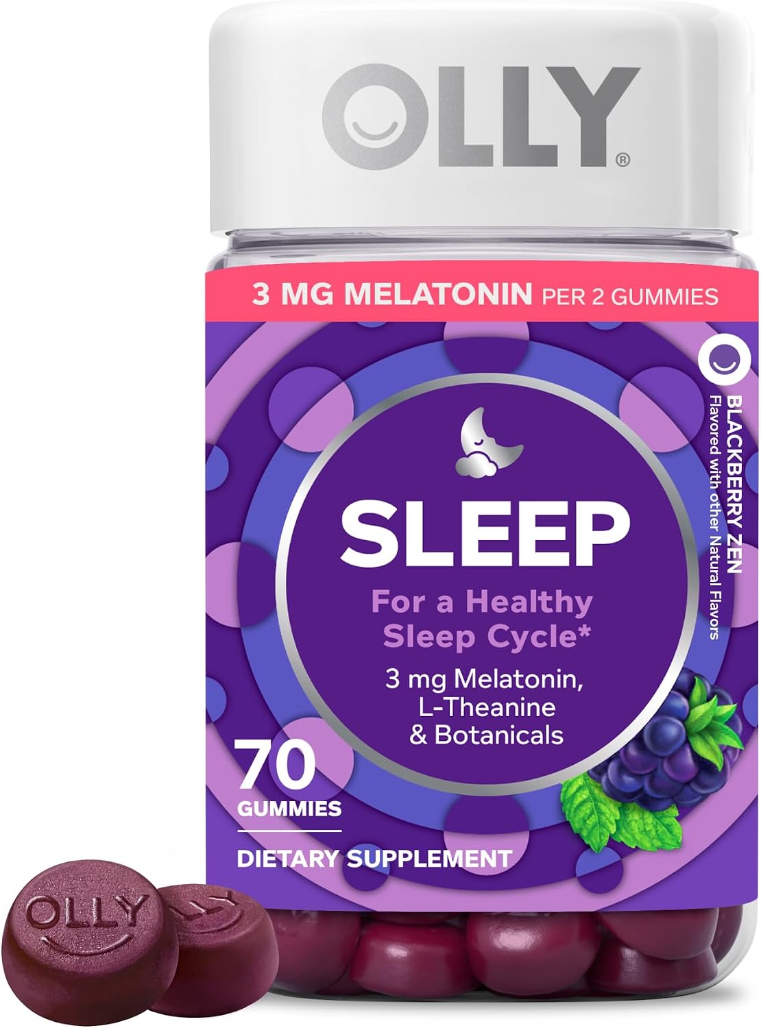OLLY Sleep Support Gummy Supplement,* 3 mg Melatonin, L-Theanine - 70 Count packaging
