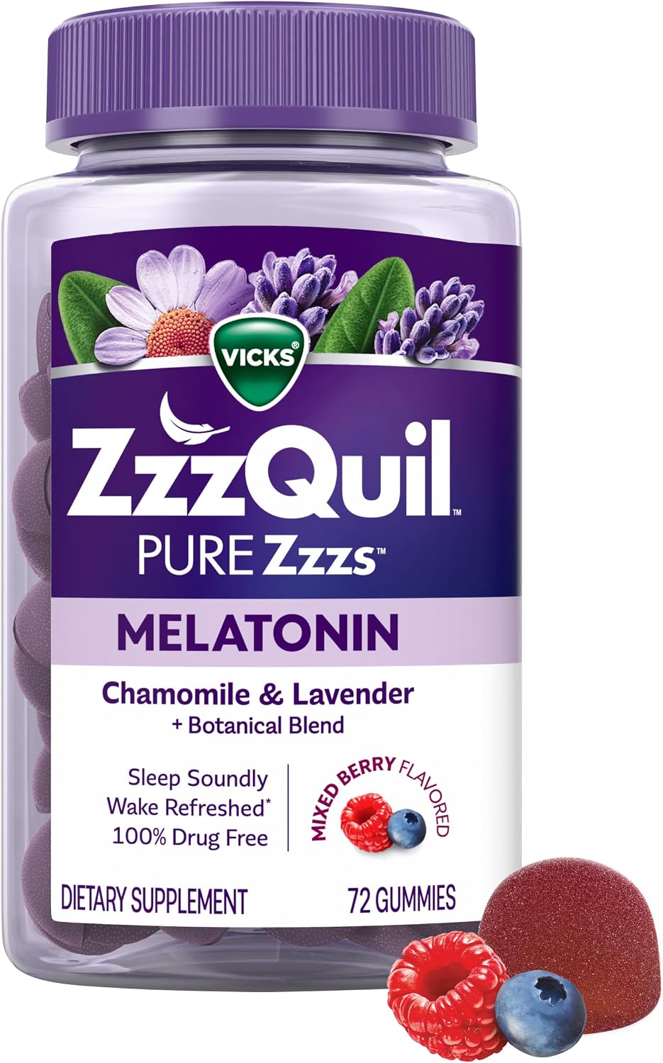 ZzzQuil, Pure Zzzs Melatonin Gummies, Sleep Aid, Melatonin 2mg, with Chamomile and Lavender, Melatonin Sleep Gummies, Sleep Aids for Adults, Wildberry Vanilla Flavored, 72 Sleep Gummies packaging