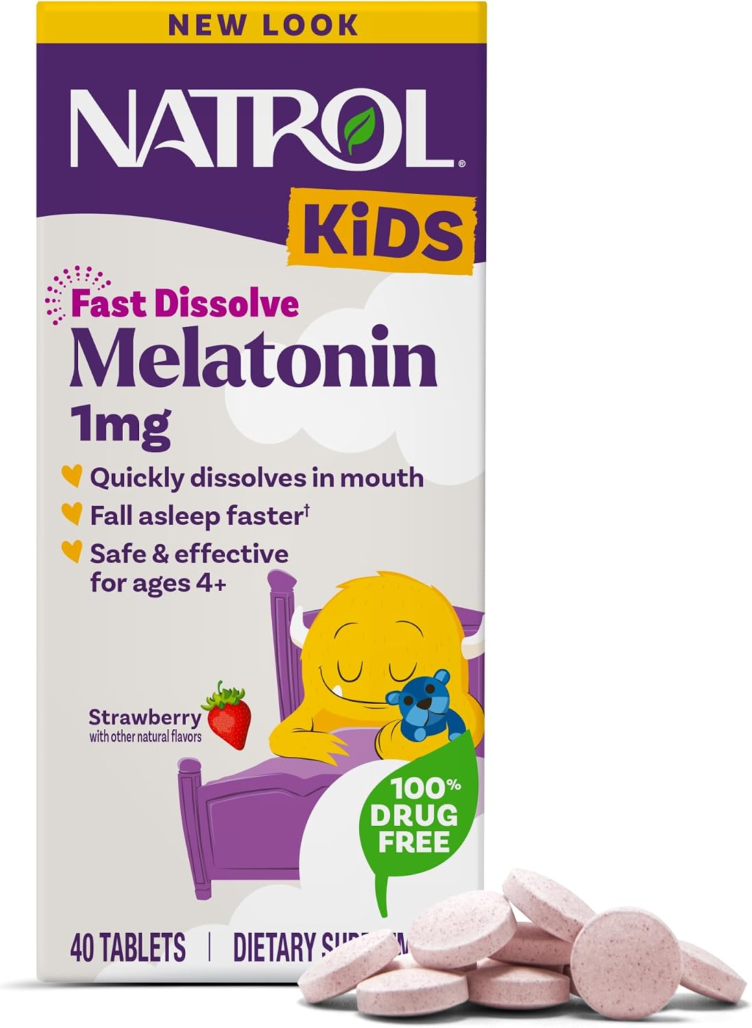 Natrol Kids Fast Dissolve Melatonin 1 mg, Sleep Aid, Strawberry, 40 Tablets packaging