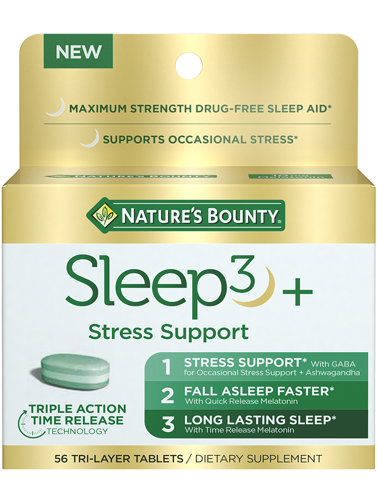 Nature's Bounty Stress Support Plus Melatonin, 56 Tri-Layered Tablets packaging