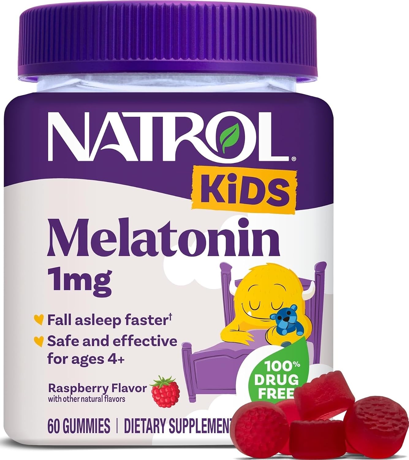 Natrol Kids Melatonin Gummies 1mg, for Restful Sleep, 60 Raspberry Gummies packaging