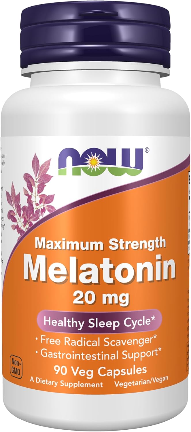 NOW Supplements, Maximum Strength Melatonin 20 mg, 90 Veg Caps packaging