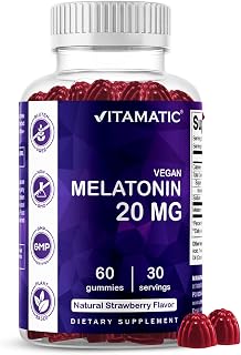 Vitamatic Melatonin 20 mg Gummies, Vegan, Strawberry, 60 Count packaging