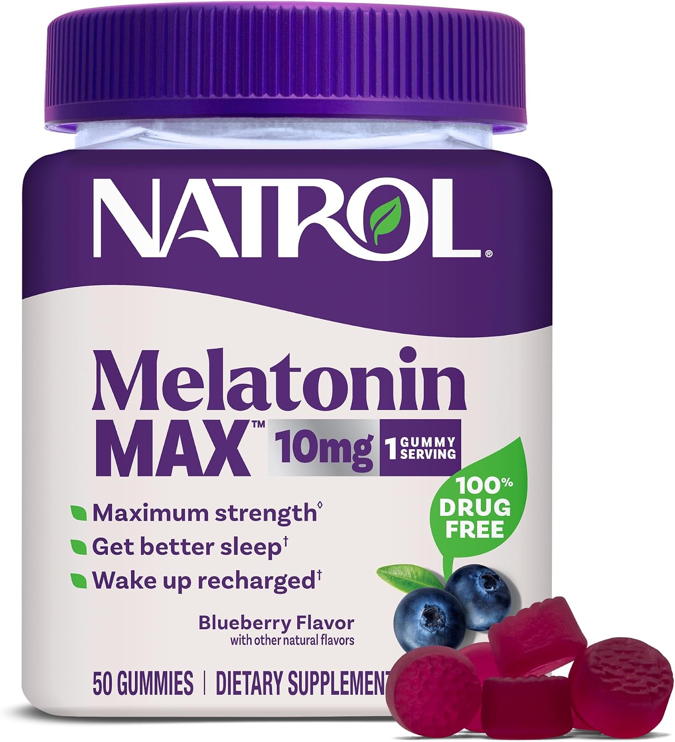 Natrol MelatoninMax 10 mg, Sleep Gummies for Adults, Blueberry, 50 Count packaging