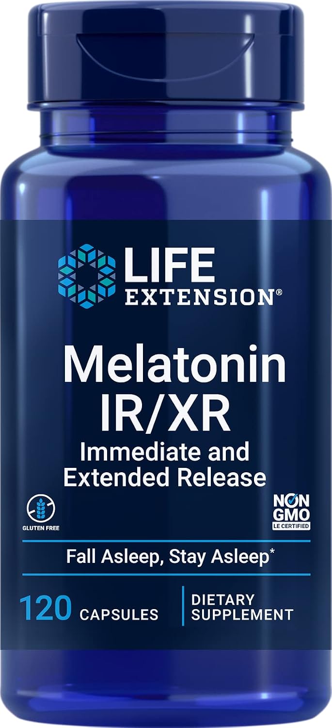 Life Extension Melatonin IR/XR 120 Capsules - Immediate & 7 Hour Extended-Release - Night Time Supplement - Supports Staying Asleep - Non-GMO, Gluten-Free packaging