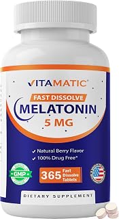 Vitamatic Melatonin 5 mg, Natural Berry Flavor, 365 Fast Dissolve Tablets packaging