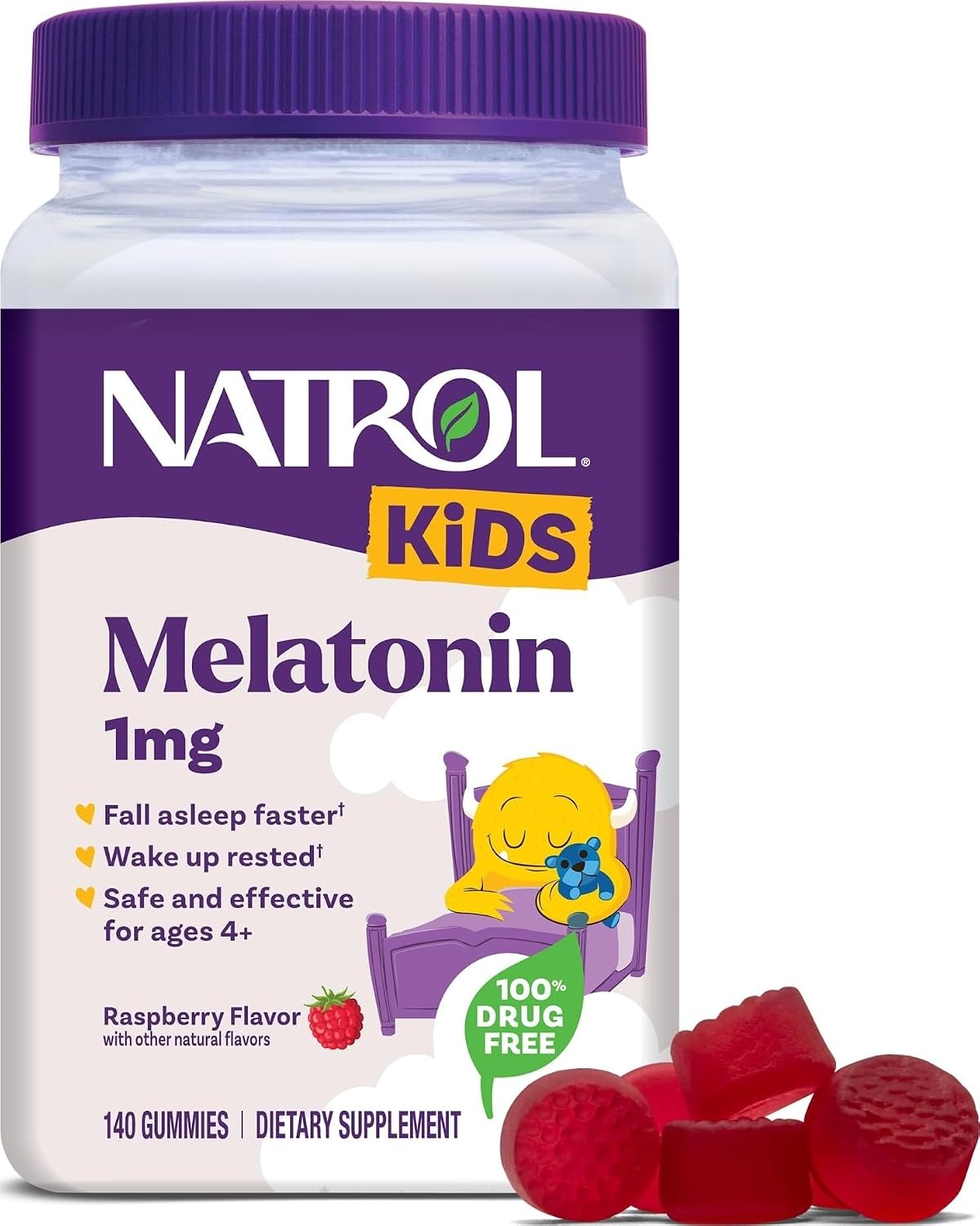 Natrol Kids Melatonin Gummies 1mg, Restful Sleep, 140 Raspberry Gummies packaging