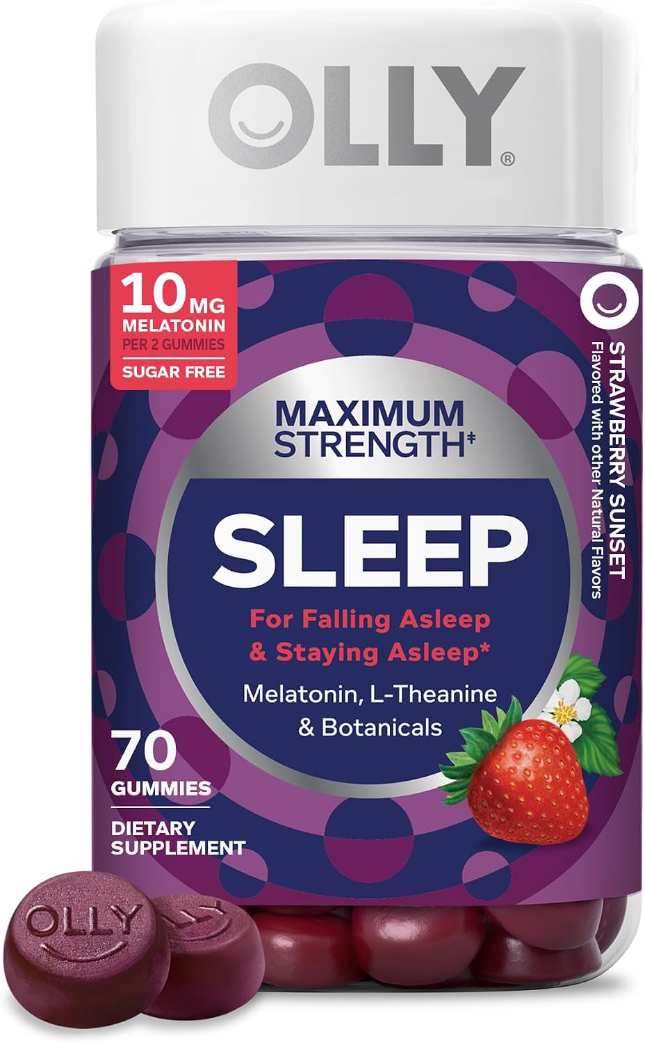OLLY Maximum Strength Sleep Support Supplement, 10 mg Melatonin - 70 Count packaging