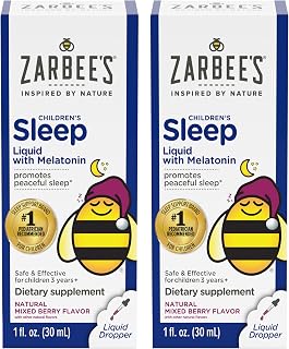 Zarbee's Kids Sleep Supplement Liquid with 1mg Melatonin; Drug-Free & Effective; Easy to Take Natural Berry Flavor for Children Ages 3 and Up; 1 Fl Oz Bottles, Pack of 2 packaging
