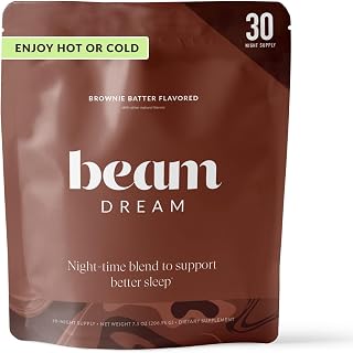 BEAM Dream Sleep Powder – Magnesium Sleep Aid for Adults with Melatonin, L-Theanine, Reishi Mushroom & Apigenin, Sleep Supplement, Sleep Cocoa Hot Chocolate Drink Mix, Brownie Batter, 30 Servings packaging