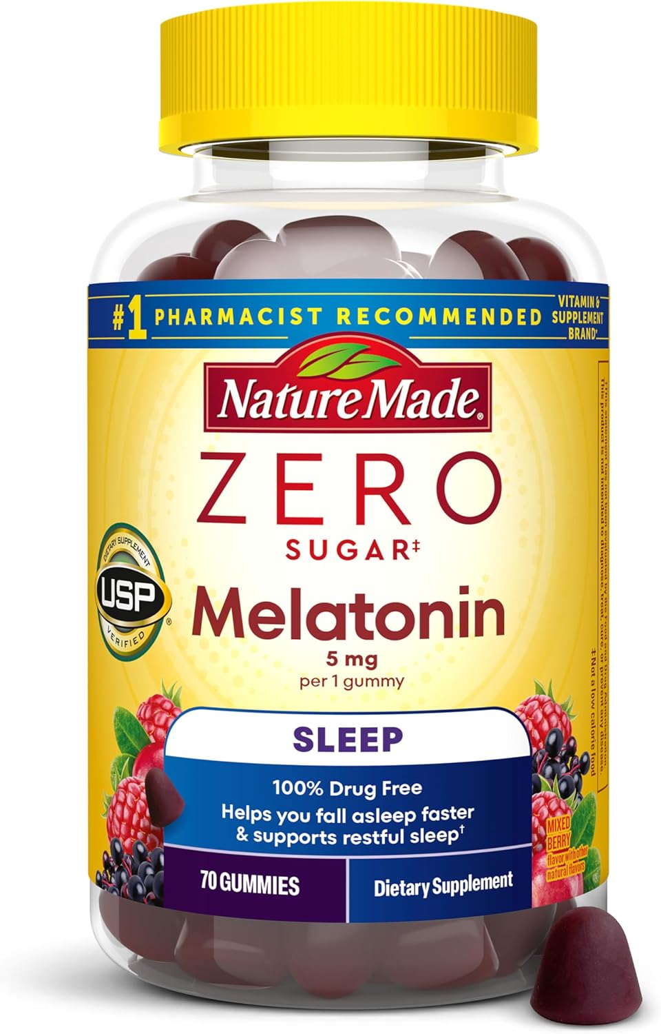 Nature Made Zero Sugar Melatonin 5mg, 70 Sugar Free Melatonin Gummies packaging