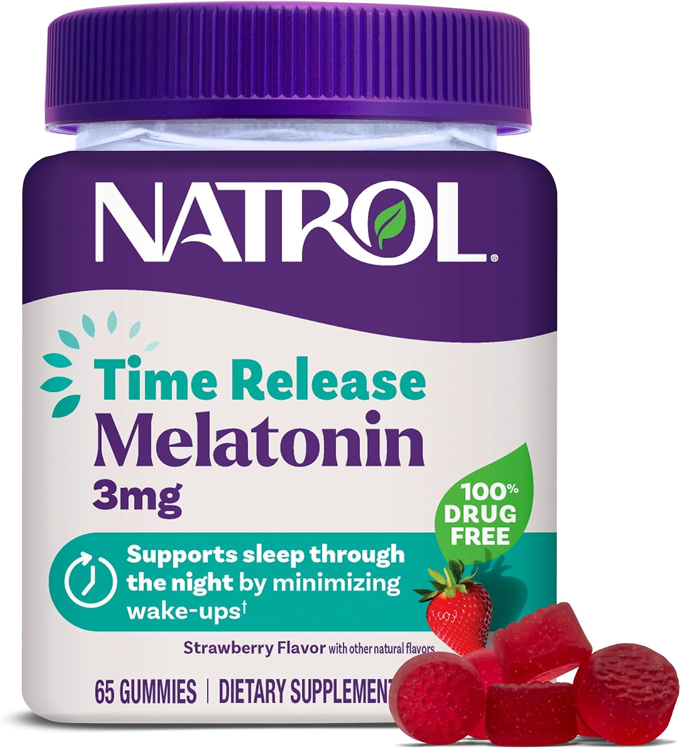Natrol Time Release 3 mg Melatonin Gummies, Sleep Aid, Strawberry, 65 Count packaging