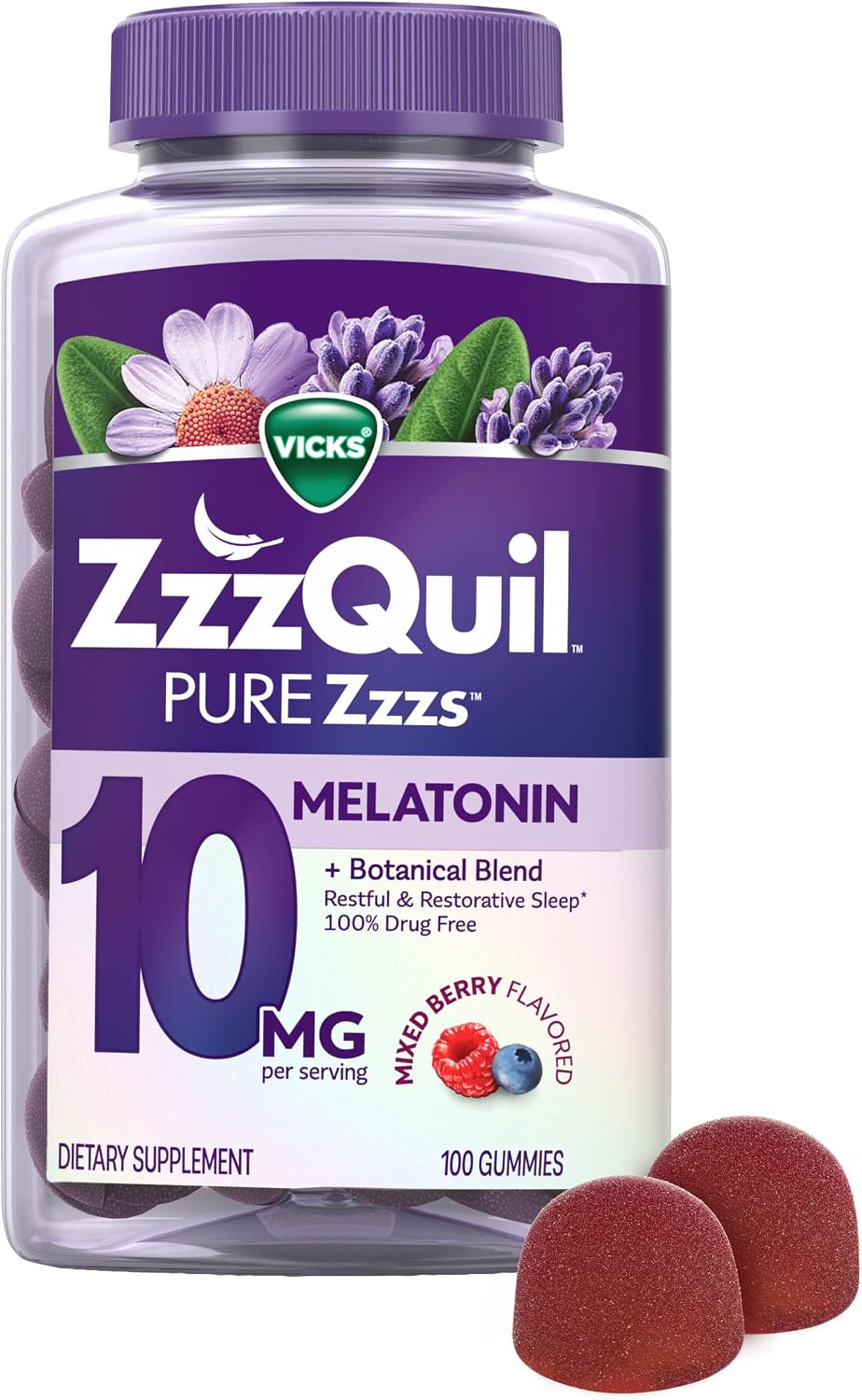 ZzzQuil Pure Zzzs Advanced Melatonin Gummies, Melatonin 10mg, Sleep Aid, with Chamomile & Lavender, Melatonin Sleep Gummies, Sleep Aids for Adults, Berry Flavored, 100 Sleep Gummies packaging