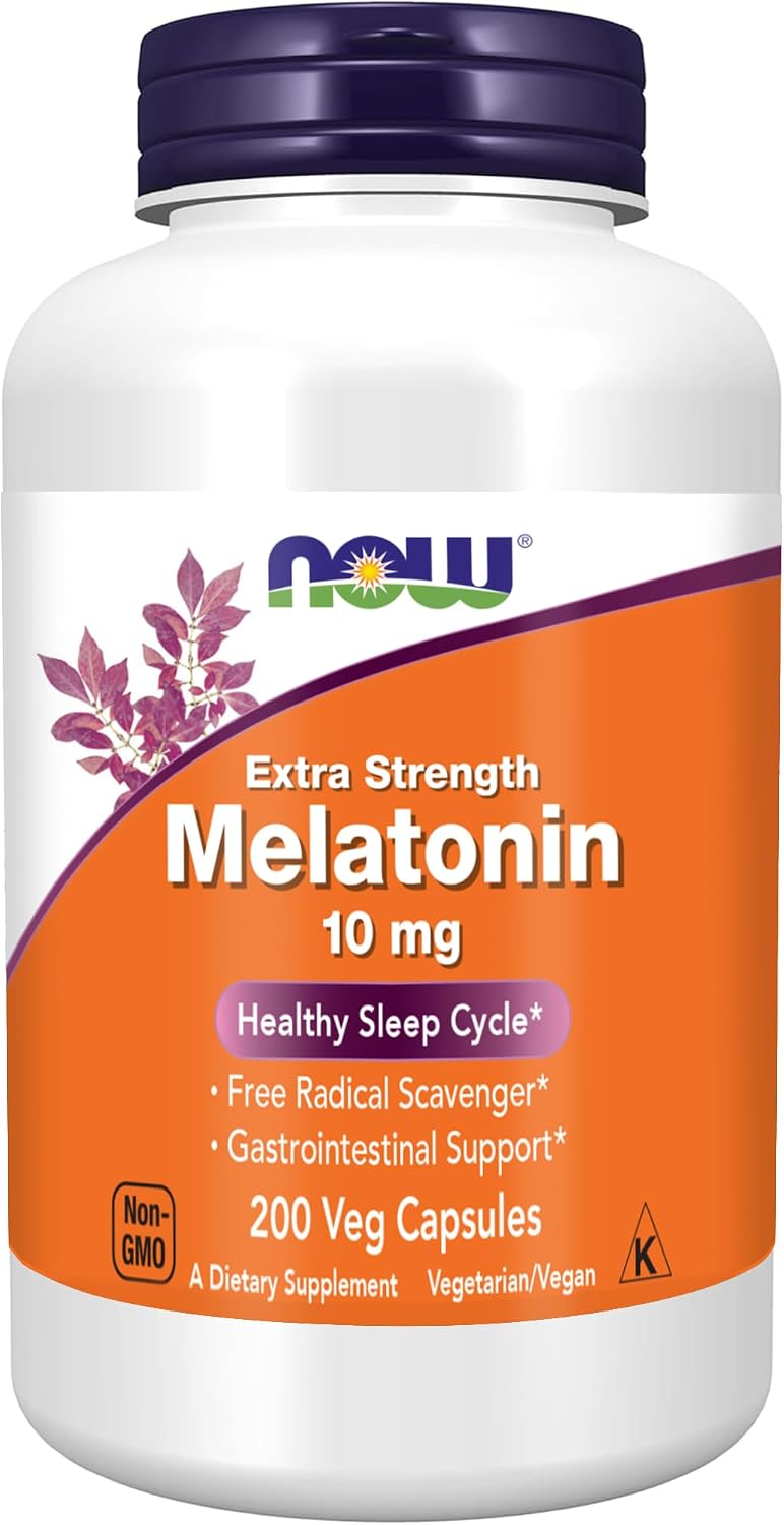 NOW Foods Supplements, Melatonin, Extra Strength 10 mg, Free Radical Scavenger*, Healthy Sleep Cycle*, 200 Veg Capsules packaging