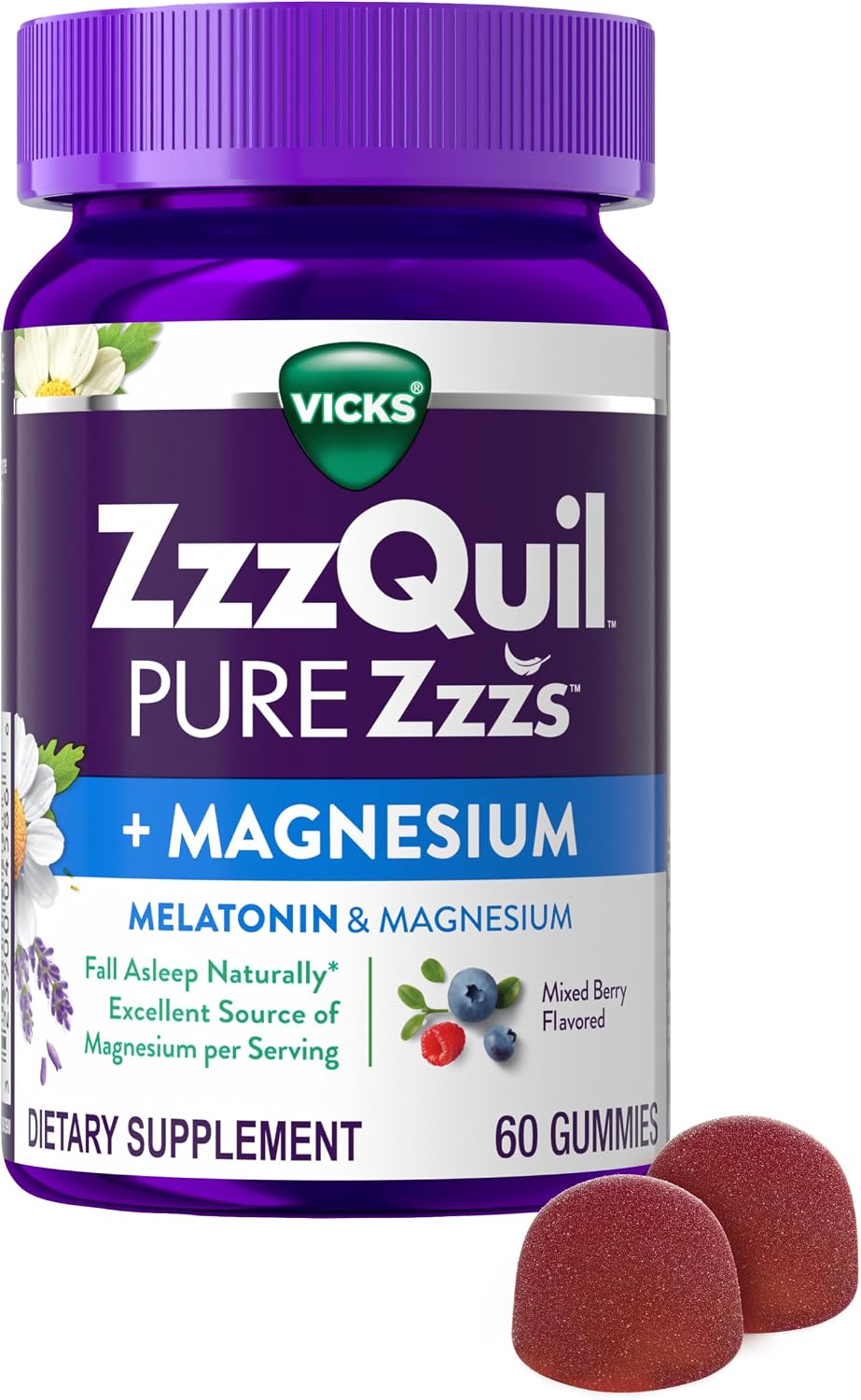 ZzzQuil Pure Zzzs + Magnesium, Sleep Aid, Magnesium Citrate and Melatonin Gummies, Melatonin 2mg, Sleep Aids for Adults, Mixed Berry Flavored, 60 Sleep Gummies packaging