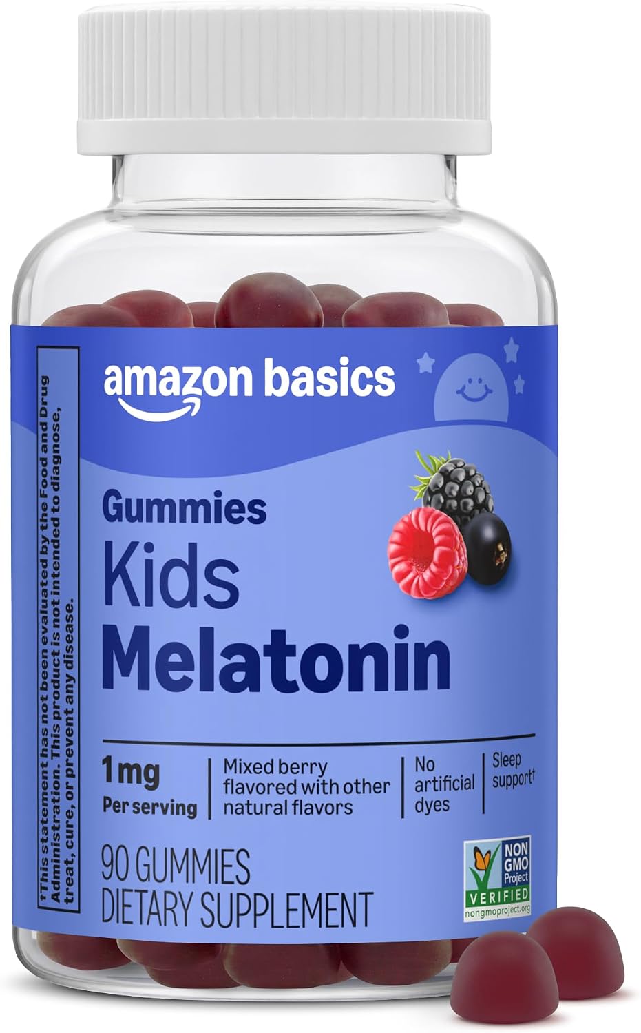 Amazon Basics Kids Melatonin 1 mg Dietary Supplement Gummies 90 Count packaging