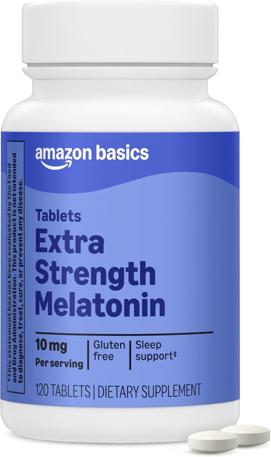 Amazon Basics Extra Strength Melatonin Tablets, 10 mg, 120 Count packaging