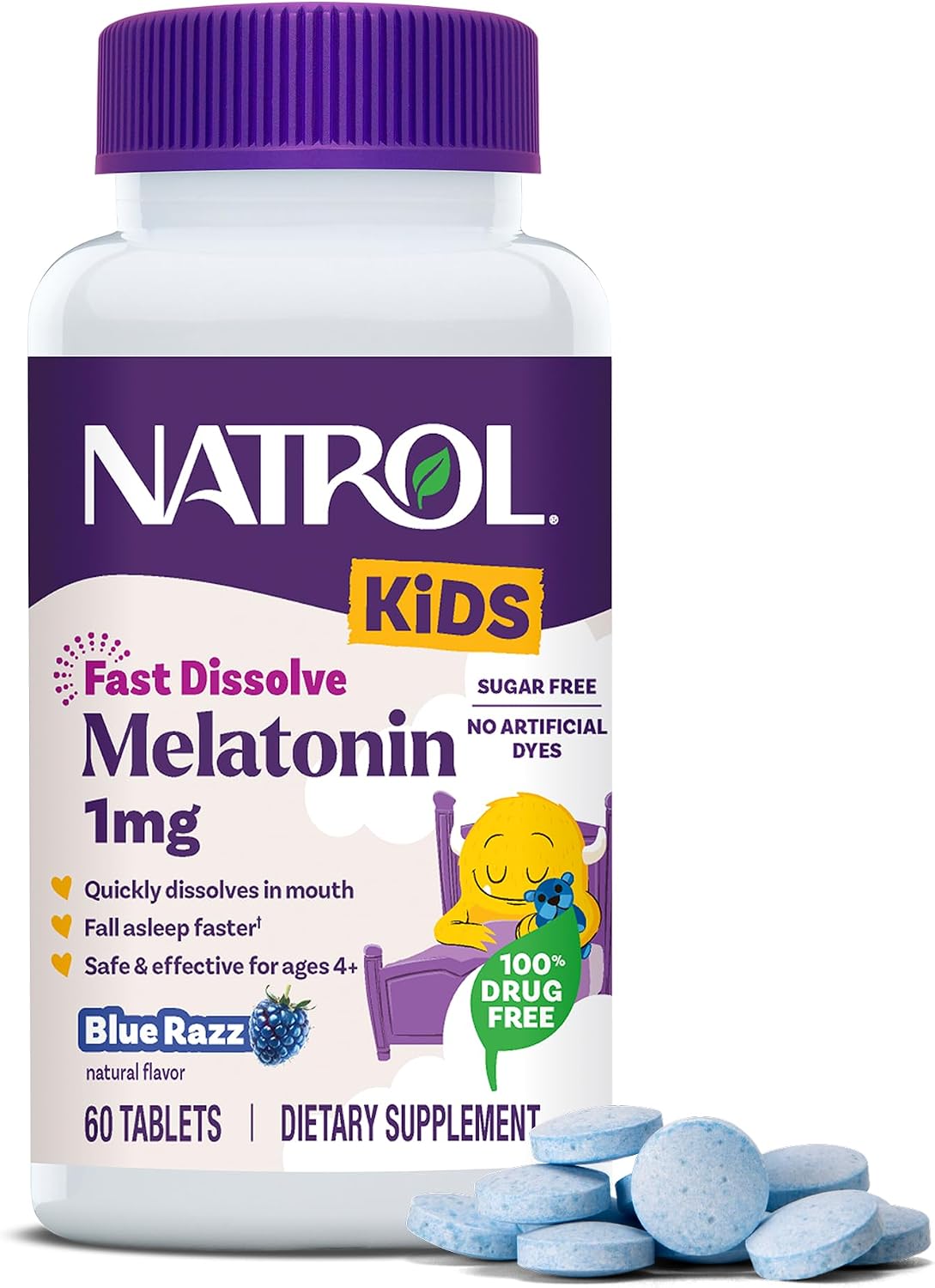 Natrol Kids Fast Dissolve Melatonin 1 mg, Sleep Aid, Blue-Razz, 60 Tablets packaging