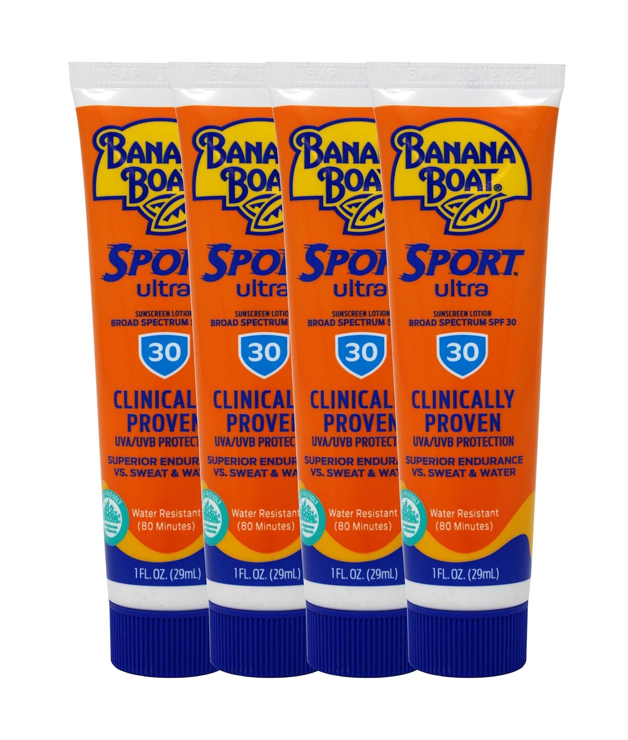 Banana Boat Sport Performance Sunscreen Lotion, SPF 30 1 oz (29 g) (Pack of 4)