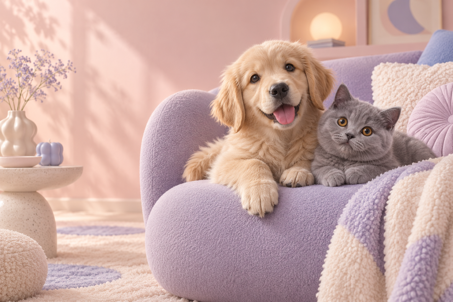 A golden retriever puppy and grey kitten cuddling on a lilac sofa