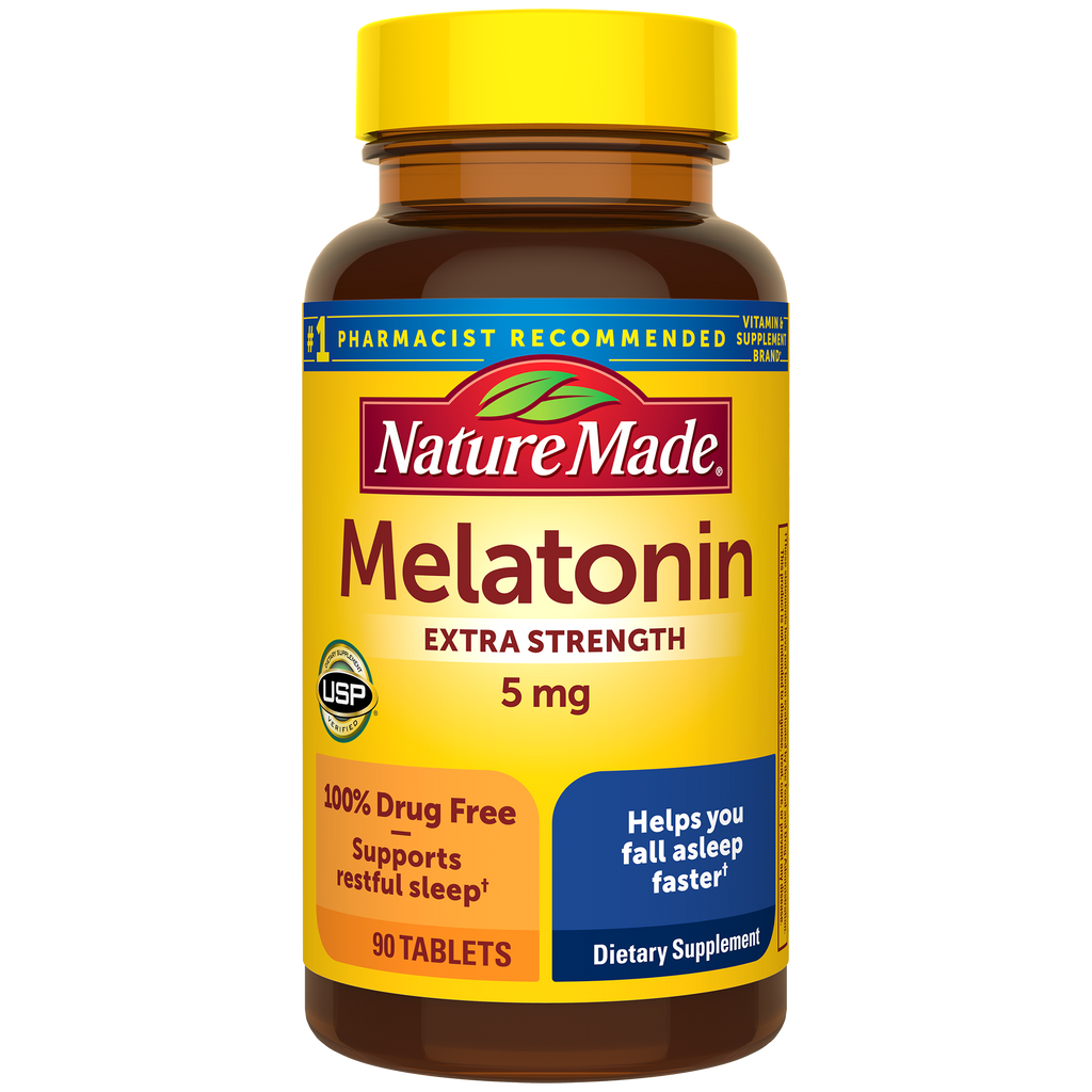 Nature Made Melatonin 5mg Extra Strength Sleep Supplement, 90 Tablets packaging