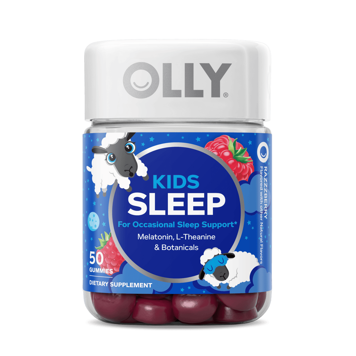 OLLY Kids Sleep Gummy, 0.5mg Melatonin, L-Theanine, Raspberry Flavored, 50 Count packaging