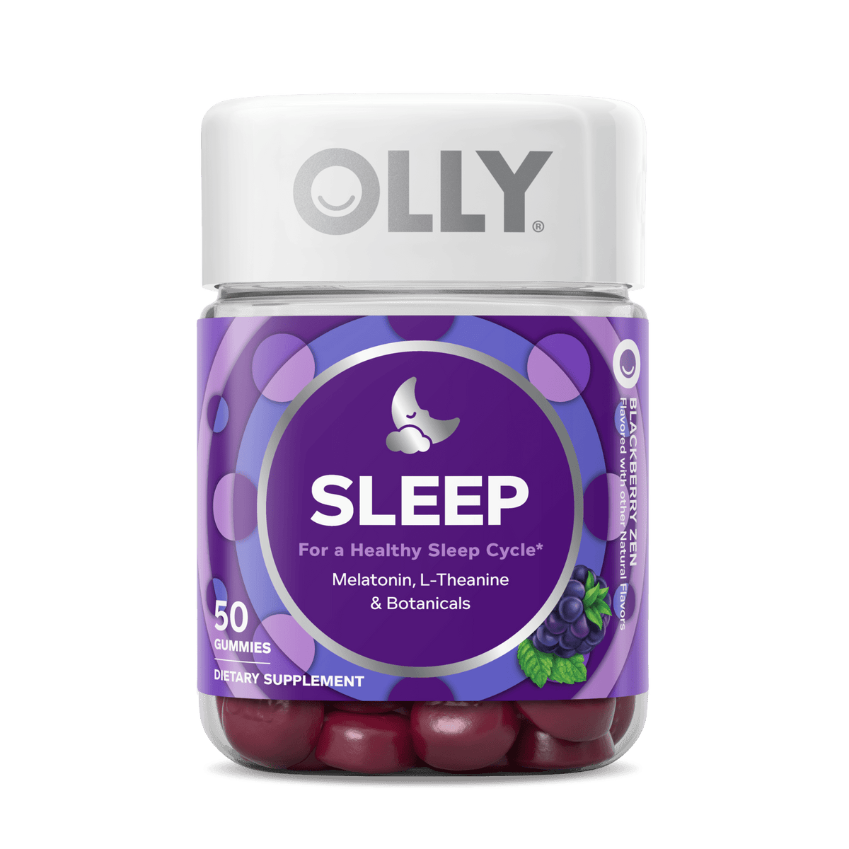 OLLY Sleep Support Gummy Supplement, 3 mg Melatonin, L-Theanine, 50 Count packaging