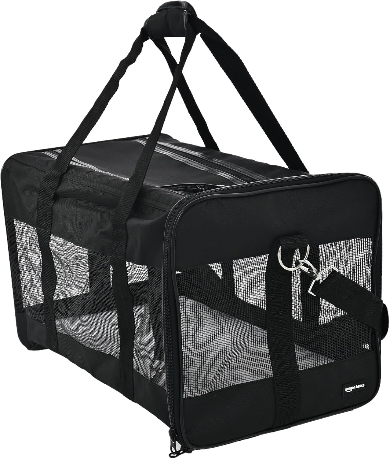 Amazon Basics Soft-Sided Mesh Pet Travel Carrier — Black, Large, approximately 20 × 12 × 12 inches, up to 22 lb
