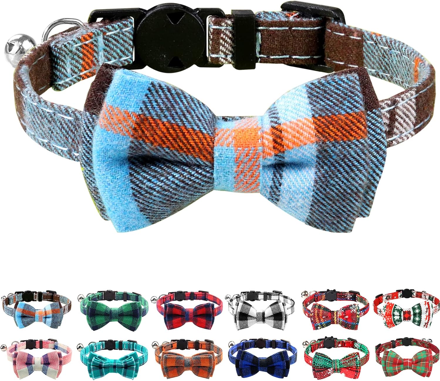 Joytale Upgraded Breakaway Cat Collar with Bow Tie — Haze Blue Plaid
