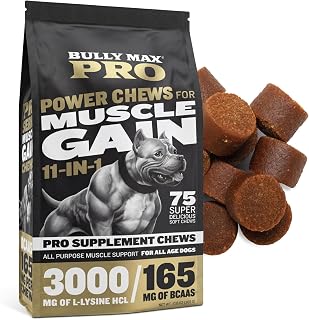 Bully Max 11-in-1 Dog Muscle Builder Power Chews - High Protein Muscle Gain Supplement with Amino Acids - Vet-Recommended for Puppy & Adult Canines, All Breeds & Ages - Made in USA - 75 Soft Chews