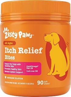 Zesty Paws Dog Itch Relief Chews - Omega-3 Fish Oil for Dogs, Chicken, 90ct