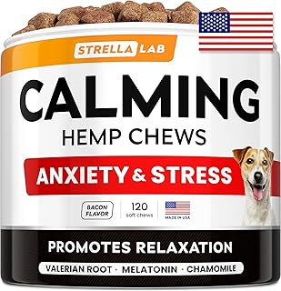 STRELLALAB Hemp Calming Chews for Dogs - Melatonin Dog Treats - Anxiety Relief - Calming Chews - Sleep & Stress Aid for Separation - 120ct Hickory Bacon Flavor