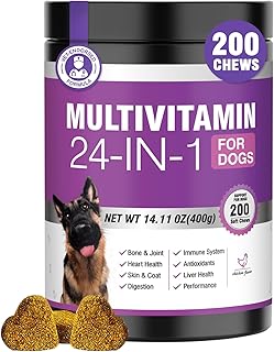 24-in-1 Dog Vitamins and Supplements 200 Ct Dogs Multivitamin Chewable Contain Chondroitin Probiotics Omega-3 Glucosamine for Dogs Skin Coat Heart Joint Gut Liver Brain Eyes Immune
