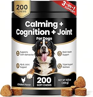 200 Ct 3-in-1 Calming Joint Cognition Soft Chews for Dogs Calm Treats Supplements for Anxiety Relief Hip and Joint